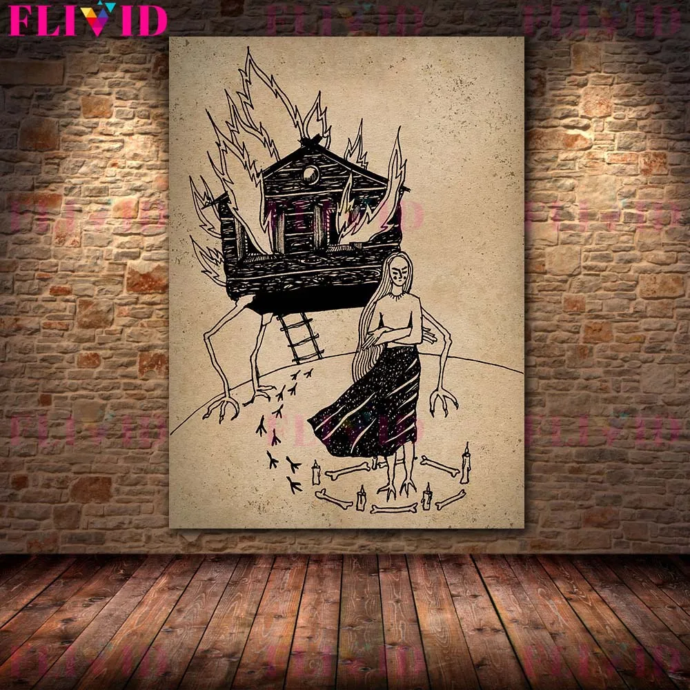 ساحرة القمر الفن طباعة بابا ياجا و ميدوسا خمر الرسم على لوحات القماش الجدارية ديكور المنزل المشارك والمطبوعات غير المؤطرة