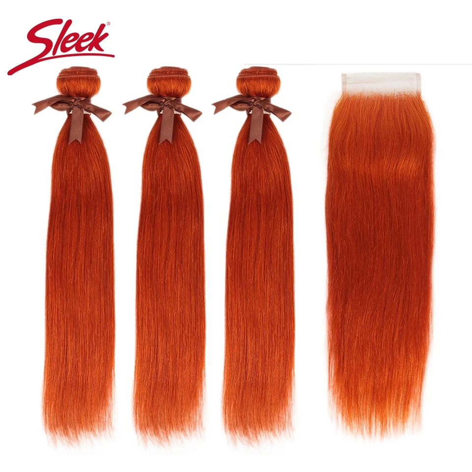 SLEEK Mink สีส้มและสีแดงสีบลอนด์บราซิลตรงรวมกลุ่มกับลูกไม้ปิด 8-28 นิ้ว Remy Human Hair สาน Bunldes