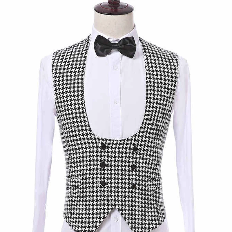 Check Plaid Suit Vest Men with Double Breasted for Gentleman Single One Piece Casual Houndstooth Waistcoat Fashion Costume