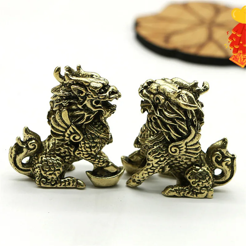 Vintage Bronze Chinese Mythical Beast Qi Lin Statue 1 pair Copper Animal Ornaments Lucky Home Feng Shui Living Room Decorations
