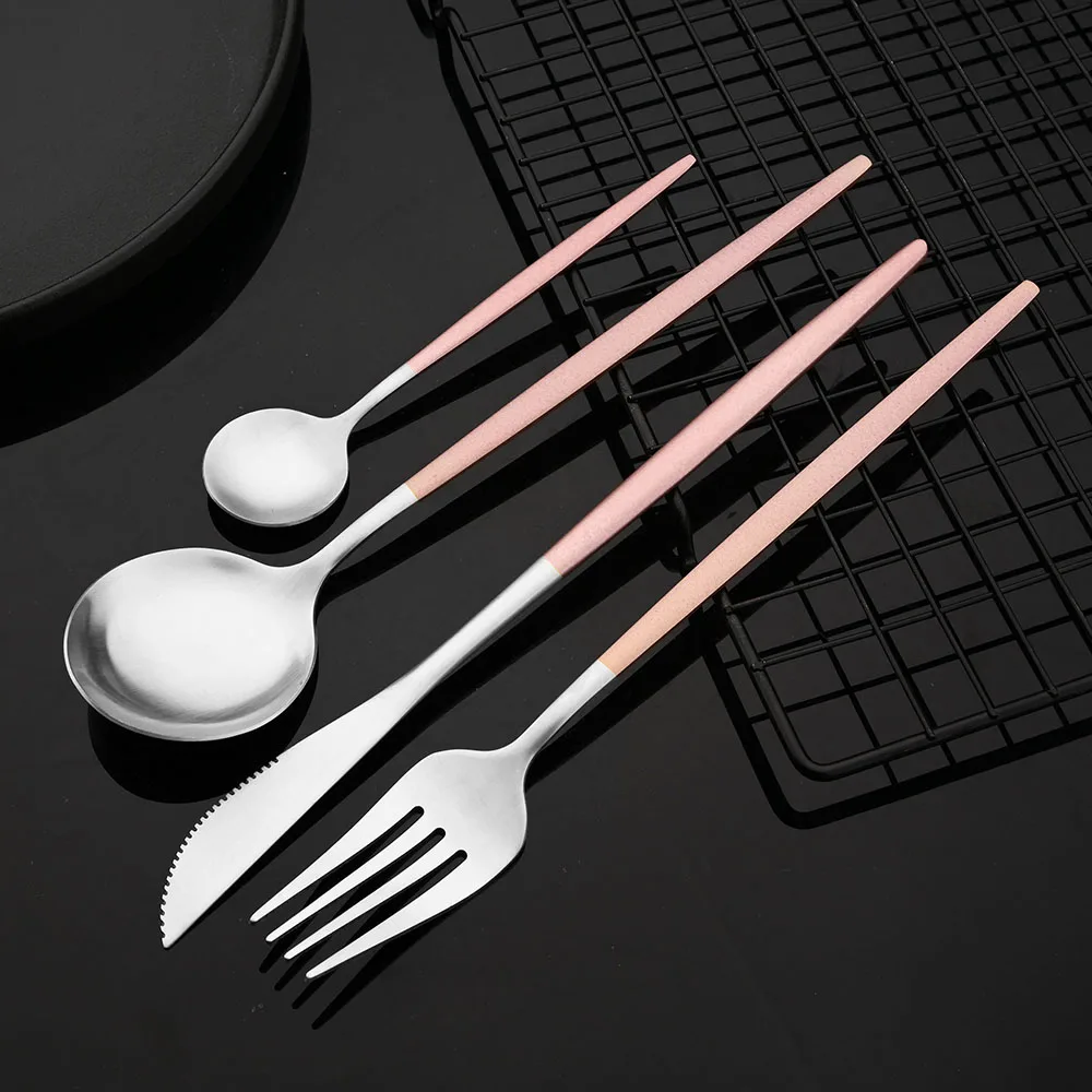 Pink Gold Western Tableware Dinner Knife Fork Spoon Teaspoon Flatware Cutlery Set Stainless Steel Home Dinner Dinnerware Set