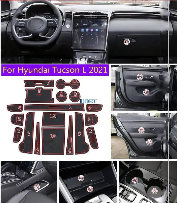 For Hyundai Tucson L 2021 Car 18pcs Red / White Door Groove Mat Anti-slip Pad Interior Decoration Car-Styling Cup Mat