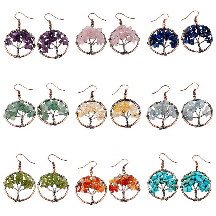 

Wire Wrapped Tree Of Life Crystal Earring For Women Natural Amethyst Rose Quartz Tumbled Stone Round Dangle Hook Earring Jewelry