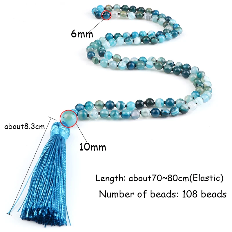 Natural 6mm Striped Agates Stone Necklace Prayer Buddha 108 Mala Beads Blue Tassel Bohemian Necklaces for Men Women Yoga Jewelry