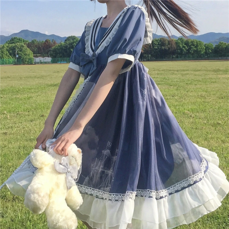 Robe Lolita bleue gothique, robe de princesse pour femmes, Costume d'halloween mascarade d'été japonais