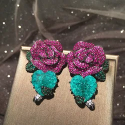 Blincolor Fashion Green Leaf Heart and Red  Rrose Flower Luxury Earring Dangle