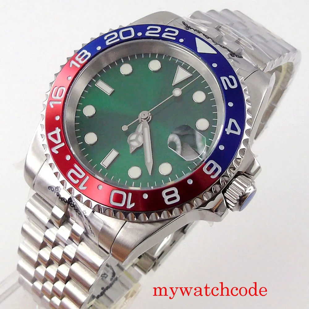 Reloj con esfera verde para hombre, cristal de zafiro estéril, NH35, MIYOTA 8215, PT5000, correa de acero automática, bisel unidireccional, 40mm