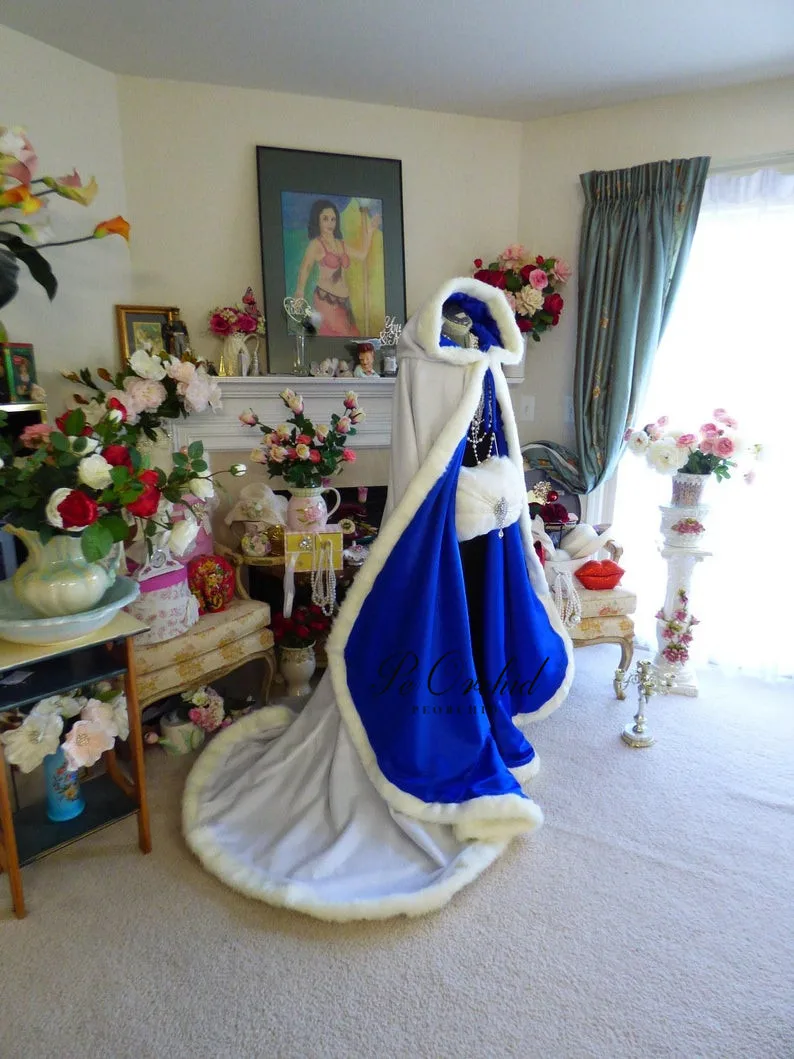 Cape de mariage en Satin bleu Royal, avec traîne, à capuche, en fausse fourrure, pour femme, pour séance Photo, hiver