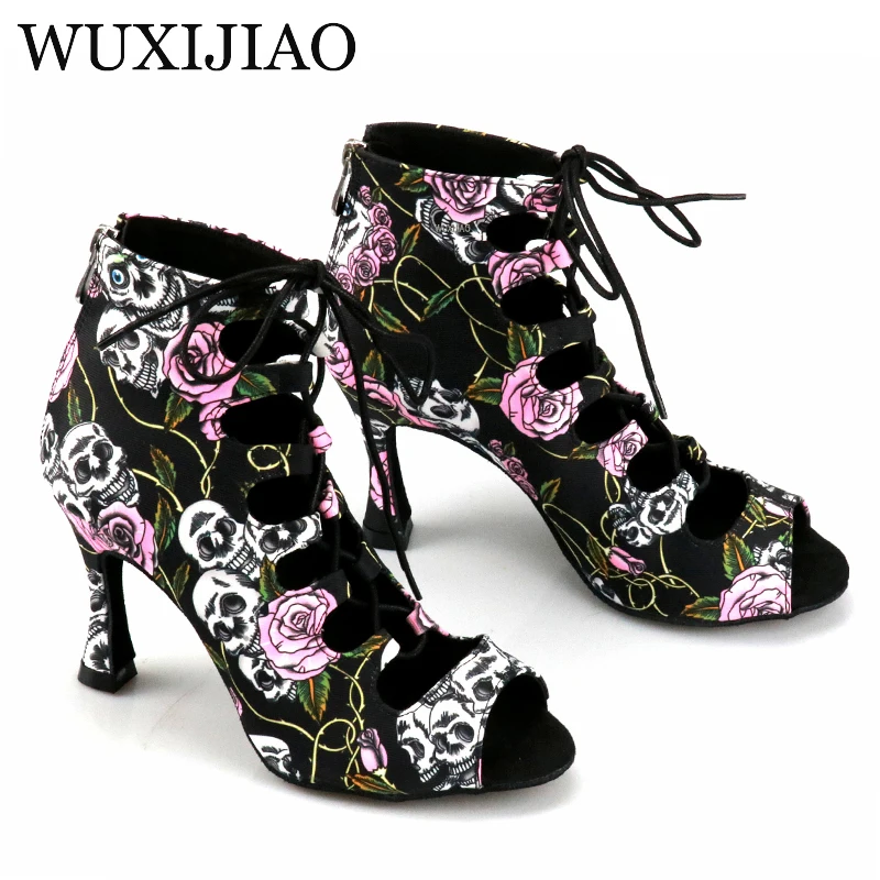 Wuxijiao profissional sapatos de dança de salão ladys dia das bruxas crânio sapatos de dança salsa denim doodle 9cm salto feminino latina dança