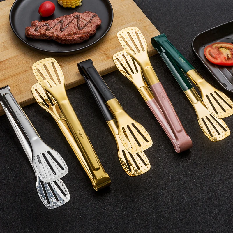 

Stainless Steel Grilling Tong Green Gold Handle Non Stick Salad Beef Food BBQ Clips Kitchen Cooking Utensils Non Slip beef clamp