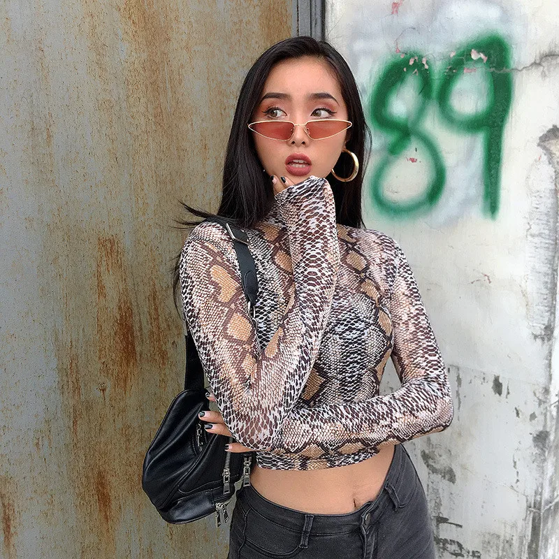 Casual Green Snake Print T Shirt Women Mesh Top Long Sleeve