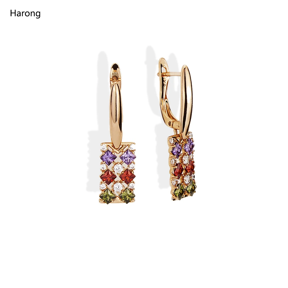 Harong Small Zircon Drop Earrings Gothic Jewelry Wedding Copper  Rectangle Colour Rhinestone Charm Pendant Earring Woman Gift