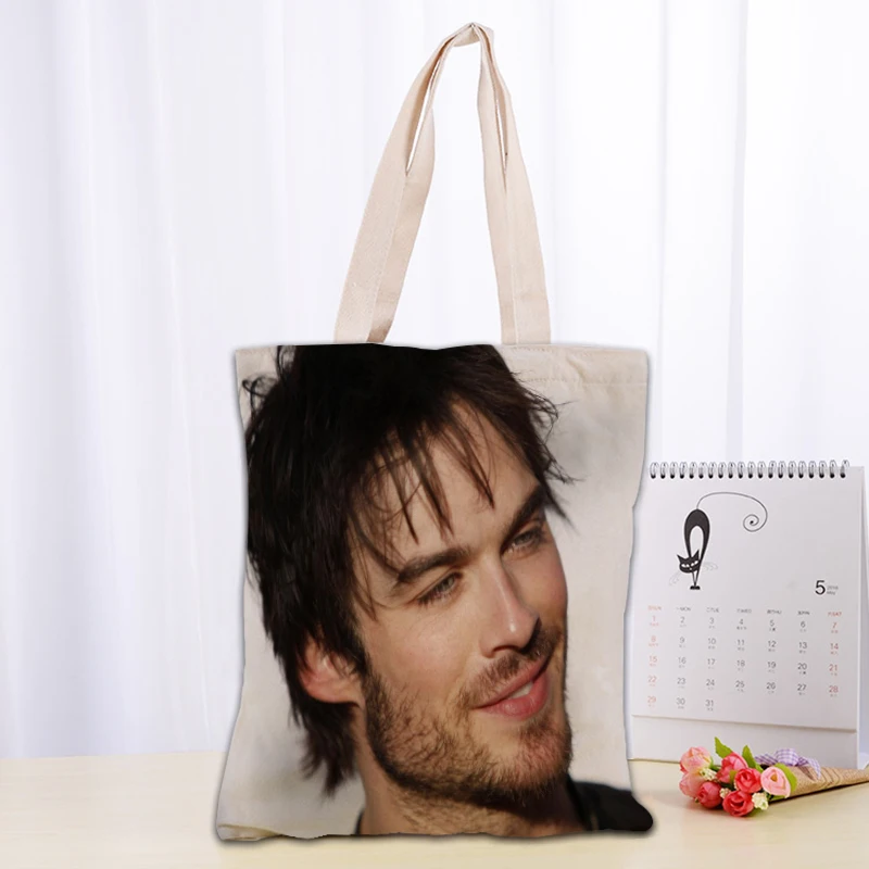 Custom Ian Somerhalder Tote Bag Reusable Women Canvas Shoulder Bag Handbag Shoulder Pouch Foldable Canvas Shopping Bags