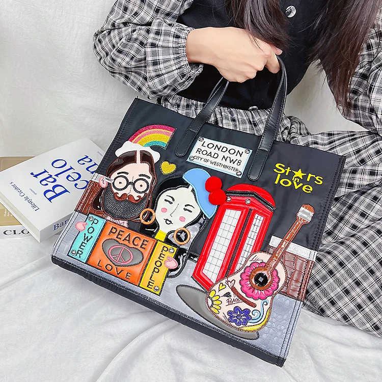 Cartoon Pattern Embroidery Nylon Shoulder Bag for Women Fashion Female Purses and Handbags Shopping Bags Ladies Designer Totes