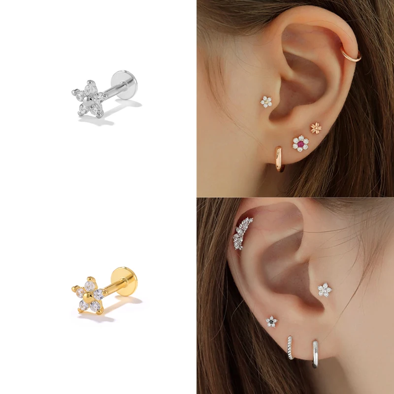 Aide 925 ze srebra wysokiej próby z cyrkonią gwiazda kwiat Tragus Helix Piercing kolczyki kobiety Labret Lip Ring kolczyk do małżowiny ucha