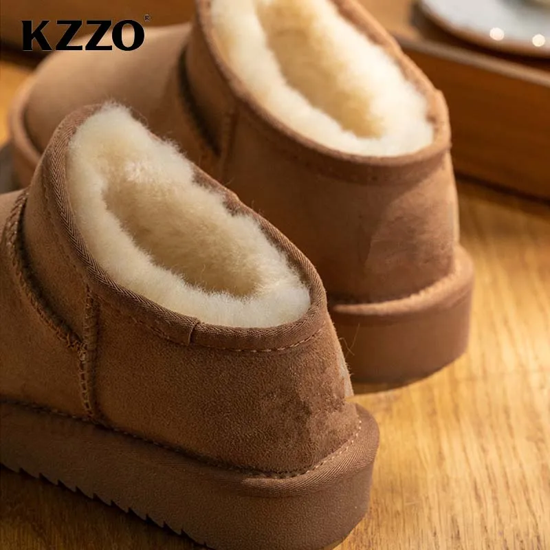 KZZO Classic Sheepskin Suede Leather Snow Boots For Women Natural Wool Fur Lined Short Mini Winter Warm Shoes Non-slip Maroon