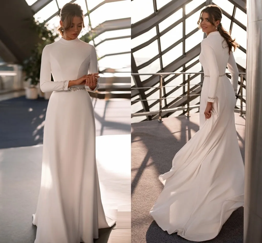 Elegant Arabic Long Sleeves Wedding Dresses Robe de Mariee Saudi Arabia Muslim Beaded Satin Bridal Gown Simple