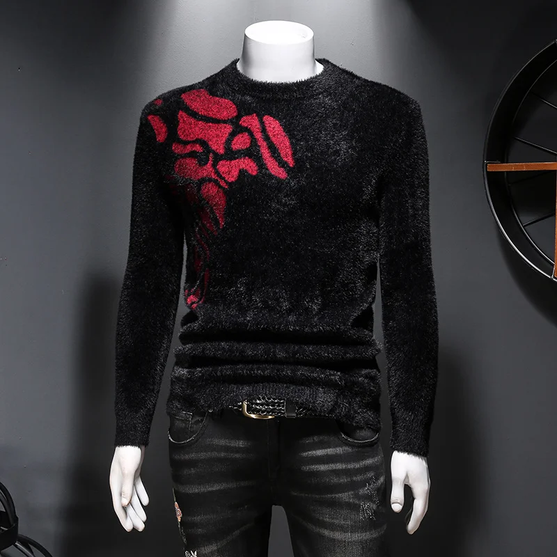 Sweater Mohair Men Black Round Neck Long-Sleeve Slim Fit Jacquard Knitting Tops Thickening Warm Black Pullover Winter Korean