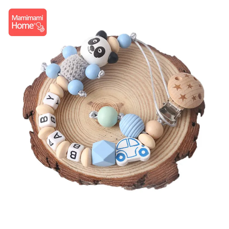 1Pc Fopspeen Kettingen Gepersonaliseerde Naam Beuken Houten Clips Bijtring Cartoon Panda Tepel Houder Chain Knaagdieren Kinderen Goederen Geschenken