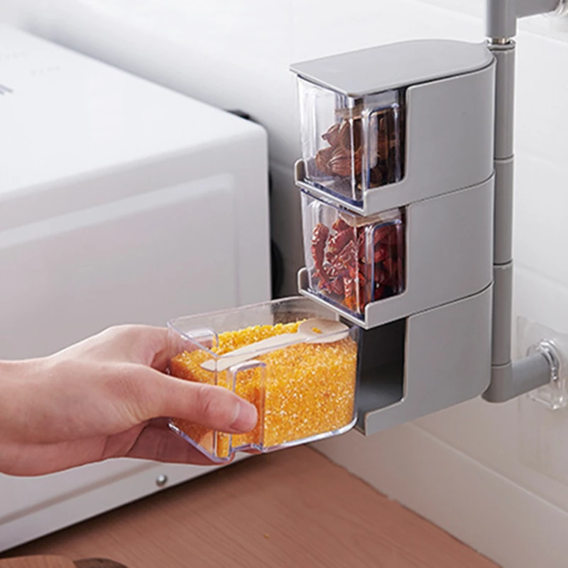 

Вращающаяся коробка для приправ, сахарная стена с крышкой, крепление на ложку, банка для соли, контейнер для перца, кухонный органайзер для бутылок для специй, аксессуары