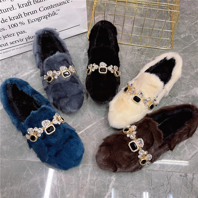 

Crystal Decor Mink Fur Women Winter Warm Flats Casual Thick Sole Moccasins Espadrilles Driving Fur Shoes Woman Ballerine Loafers