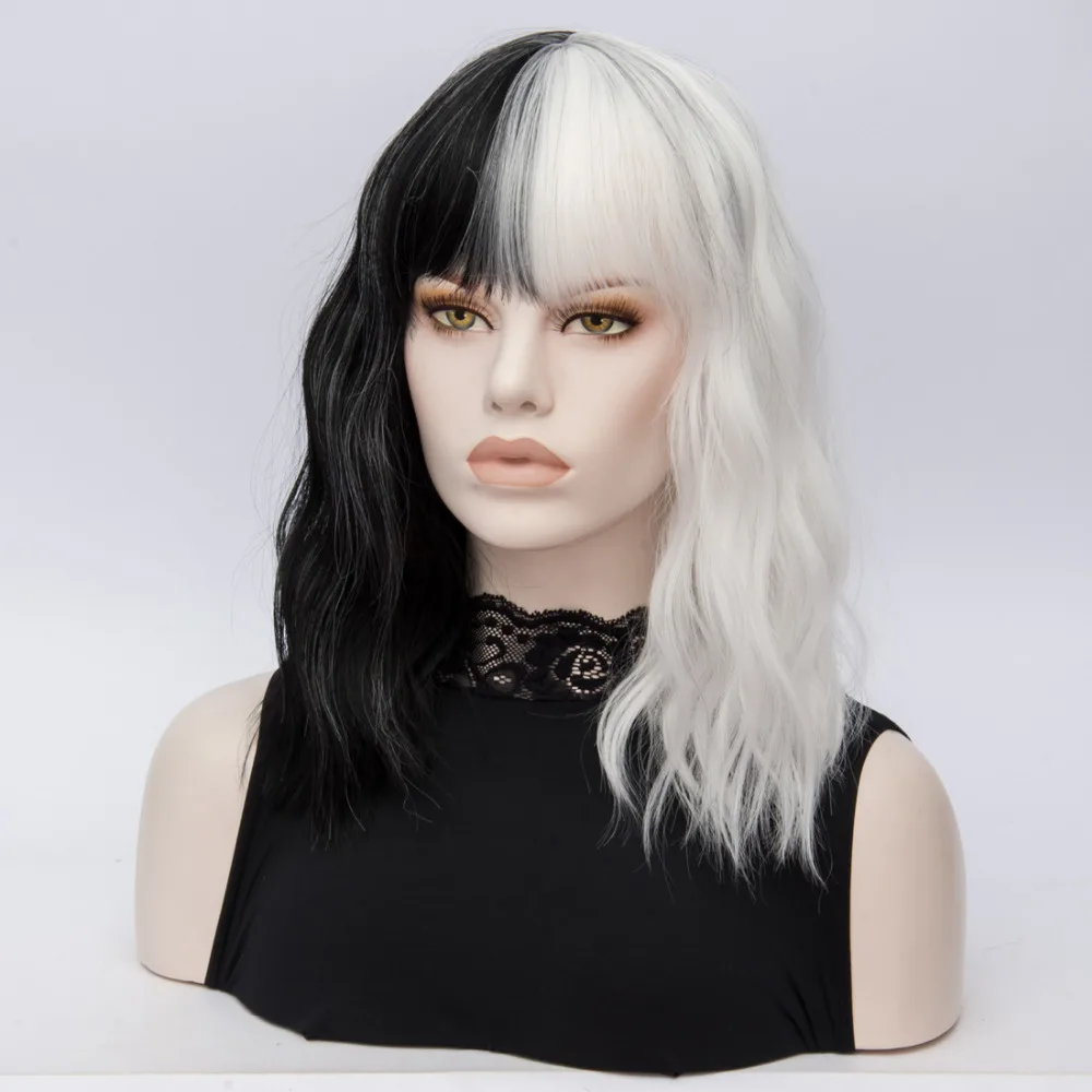 CRUELLA Deville De Vil pelucas De Cosplay rizado medio blanco medio negro peluca De pelo sintético resistente al calor + gorro De peluca
