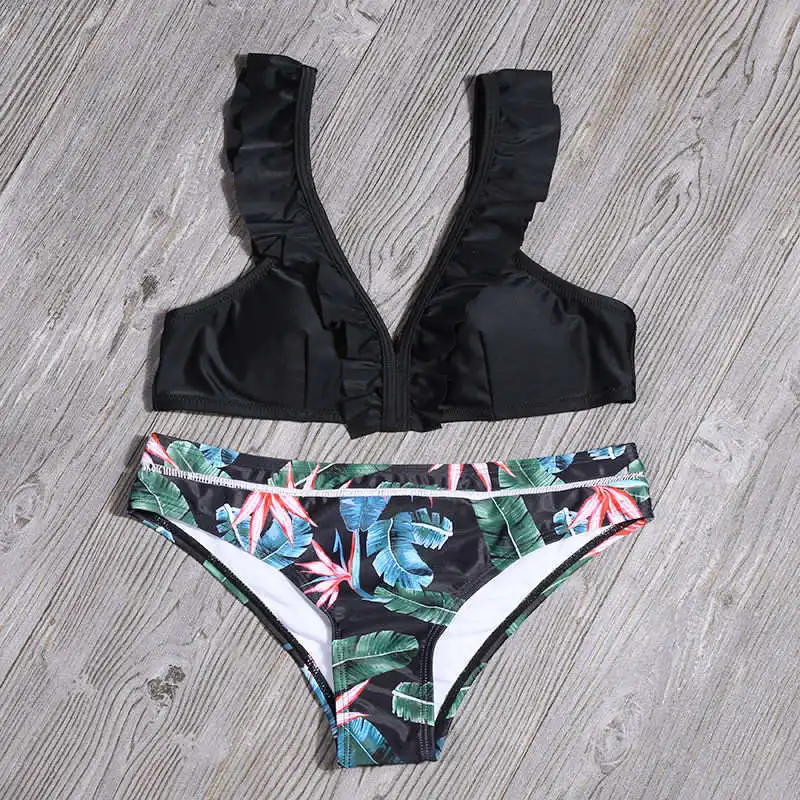 2022 Women Two-Piece Swimsuits Ruffles Print Bikini Sets Padded Wireless Separates Green Swimwear Sexy Cute Beachwear XZ-1323