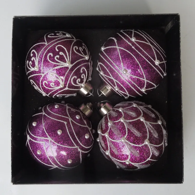 Free Shipping 4pcs/pack Diameter=8cm Purple Series Glass Ball Christmas Tree Pendant Hand Painting Hanging Decorative Globe