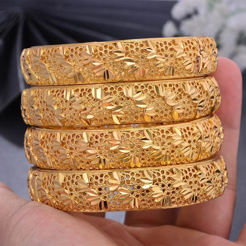 Dubai Bangles 4pcs/lot Gold color Bangles for Women Luxury Flower Bracelet Female Ethnic Yellow Gold Color Charms Jewelry