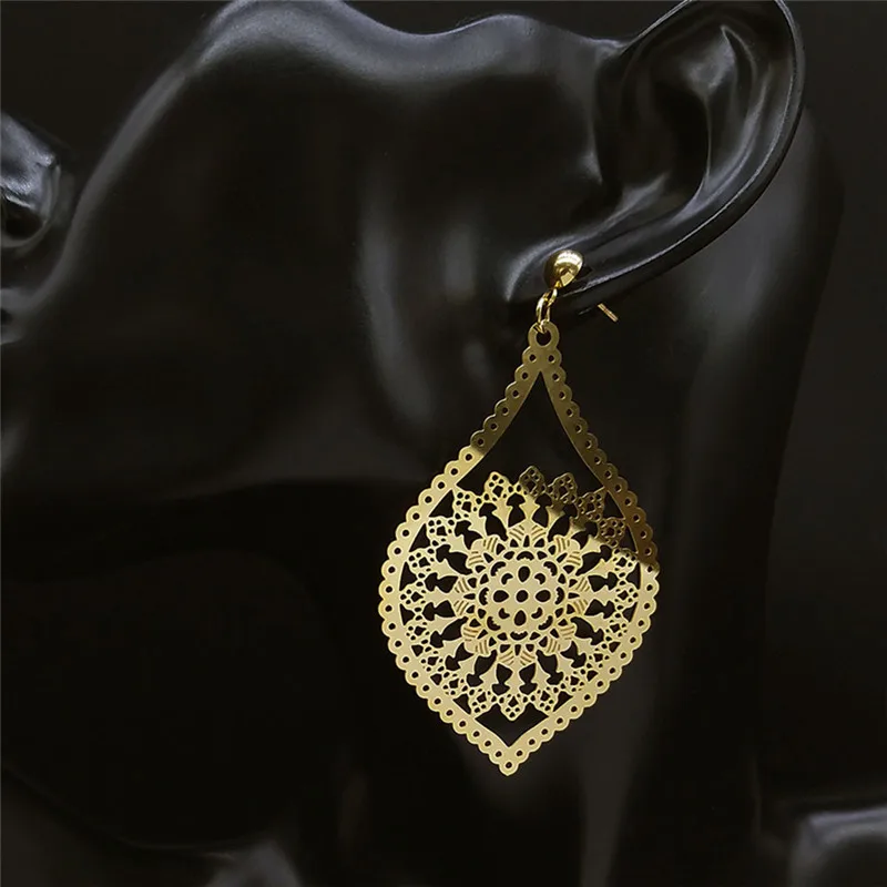 Fashion Bohemia Stainless Steel Big Long Flower Earring Women Gold Color Floral Stud Earrings Boho Jewelry pendientes flor E9144