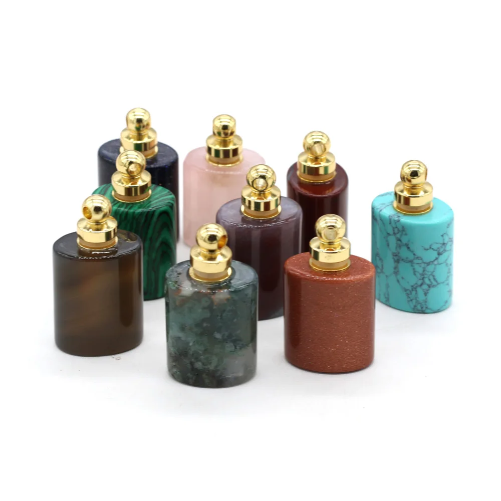 6PCS Natural Semi-precious Stone Flat Cylindrical Essential Oil Perfume Bottle Pendant Making DIY Necklace Jewelry Gift