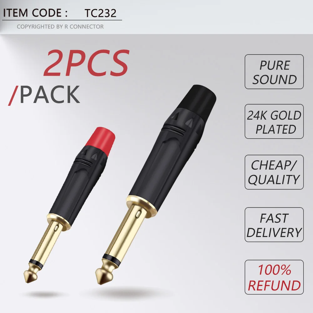 2PCS 6.35MM Mute Plug 2 Poles Mono 6.35MM Wire Connector Gold Plated 1/4 Inch Male Plug Microphone Connector