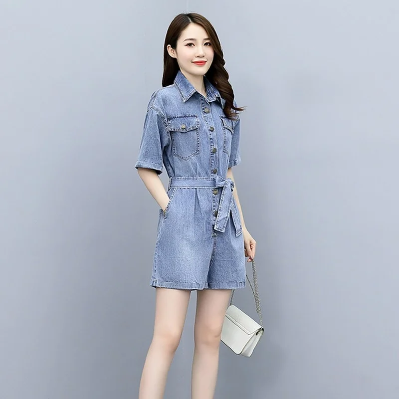 Denim Frauen Fracht Overalls Kurzarm Schärpen Einreiher Lose Beiläufige Playsuits Gerade Jeans High Street Weibliche Strampler