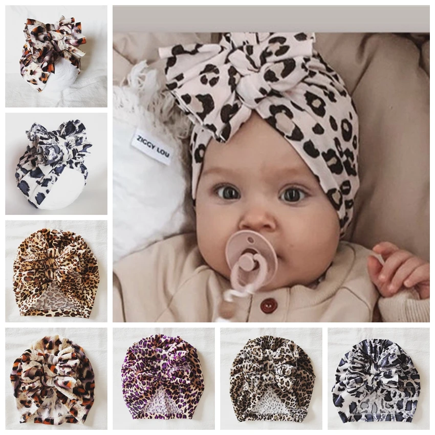 New Leopard Print Knotted Bow Hat Newborn Infant Toddler Turban Baby Girls Beanie Bonnet Cap Hair Accessories Photo Props Gifts