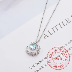 Original 925 Sterling Silver Crystal Moon Opal Round Bead Charm Necklace For Women Kolye Choker Collares para mujer Wedding Gift