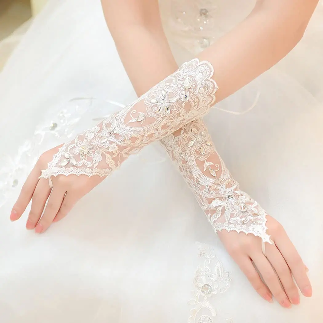 Noiva rendas casamento golves strass nupcial fingerless luvas floral curto laço luva baile de formatura festa para mulheres e meninas