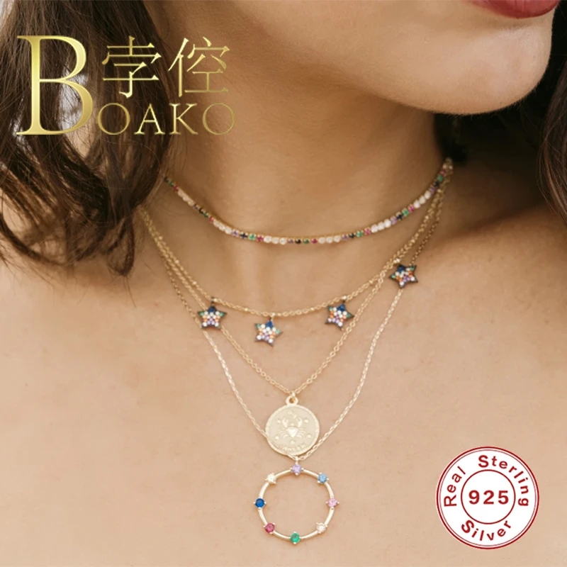 BOAKO-collar de Plata de ley 925 para mujer, joyería para mujer, Cadena de Luna y estrellas 2020, Gargantilla de circonita, #8,5