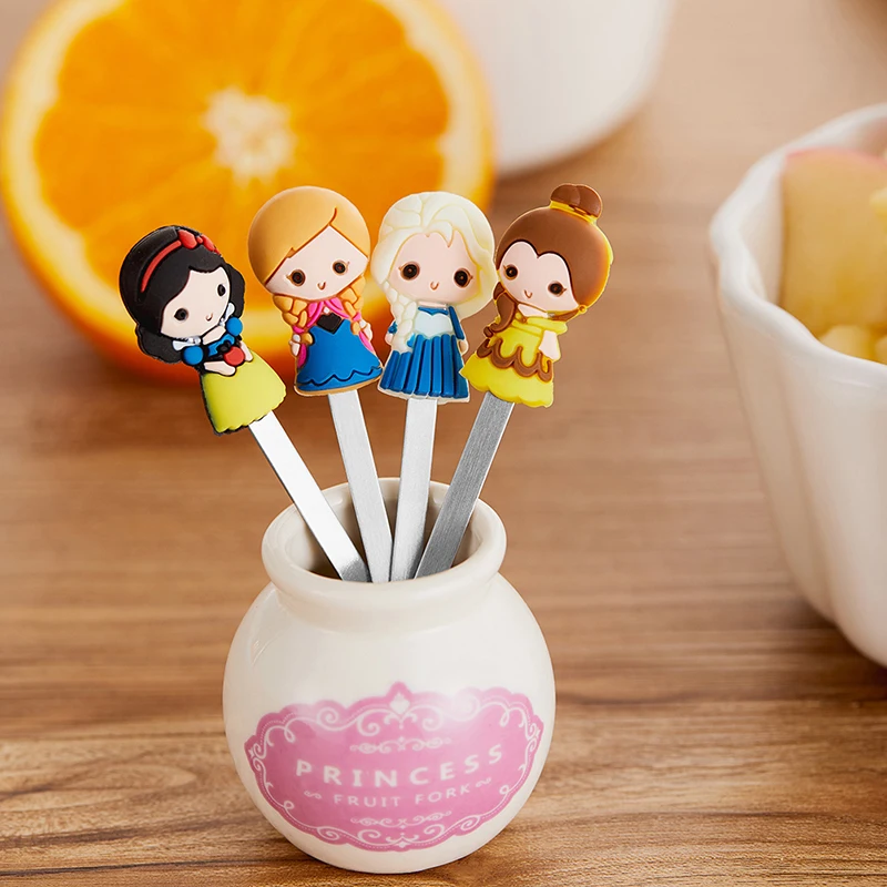 6pcs/Set Cute Cartoon Princess Stainless Steel Dessert Fruit Forks with Holder Set Mini Salad Fruit Fork Food Flatware