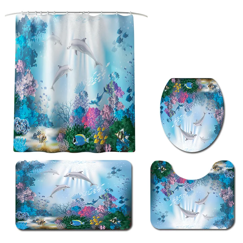 Blue dolphin Ocean Non-slip Bath Mats Carpet Bathroom Shower Curtain and Rug Sets Toilet Mat Rug Foot Pads Gift