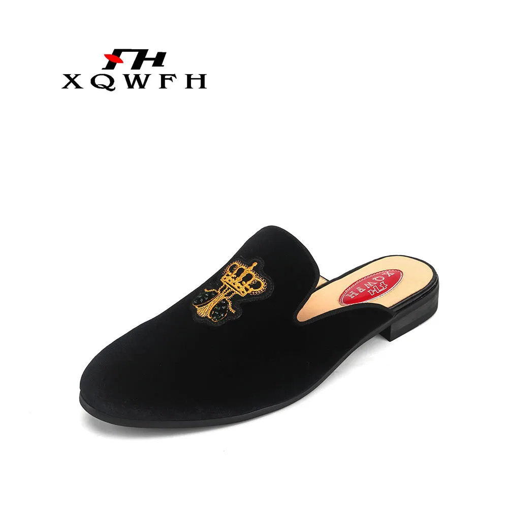 Red Large Size Embroidery Crown Men Velvet Slippers Designs Fashion Show Men\'s Casual Shoes Slides European Elegant Sandals