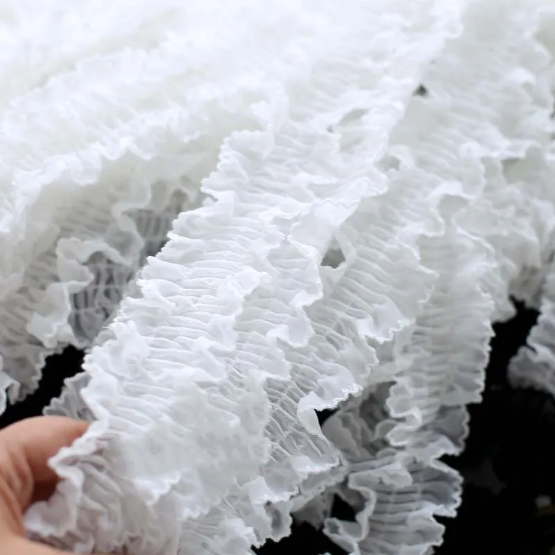 7meters White Black Lace Fabric Trim Two Sides Ruffle Edging Pleated Frill Sewing Elastic Lolita Dress 5cm Width