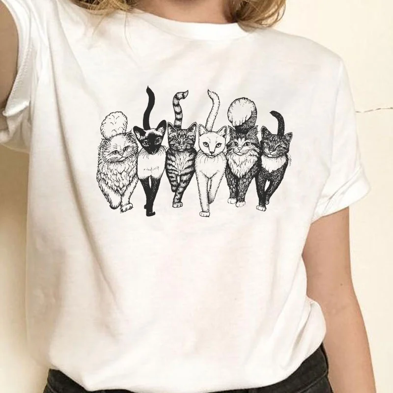 Cat Gang Drawing Women T-Shirt Vintage Fashion Cute Aesthetic Funny Tshirt Female Summer Casual Cotton Graphic Tee Top