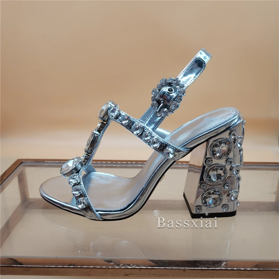 Jeweled Diamond T-Strap Wedding Shoes Bridal Crystal Chunky Heel Genuine Leather Rhinestone Sandals Women For Girls Summer