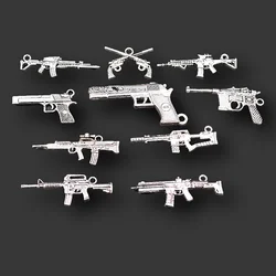 1pack Mixed Silver-Plated Firearms Collection Pendant, Automatic Pistol Charm, Rifle Charm, Revolver Charm, Submachine Gun Charm