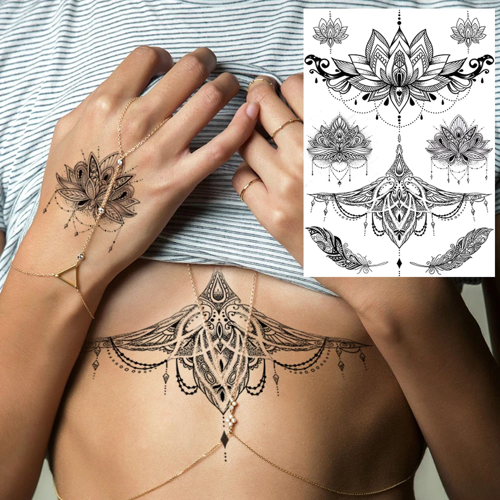 REJASKI-tatuajes temporales de encaje de Henna negra para mujer, pegatina de mariposa, polilla, flor Mehndi, tatuaje falso, pluma, Flora