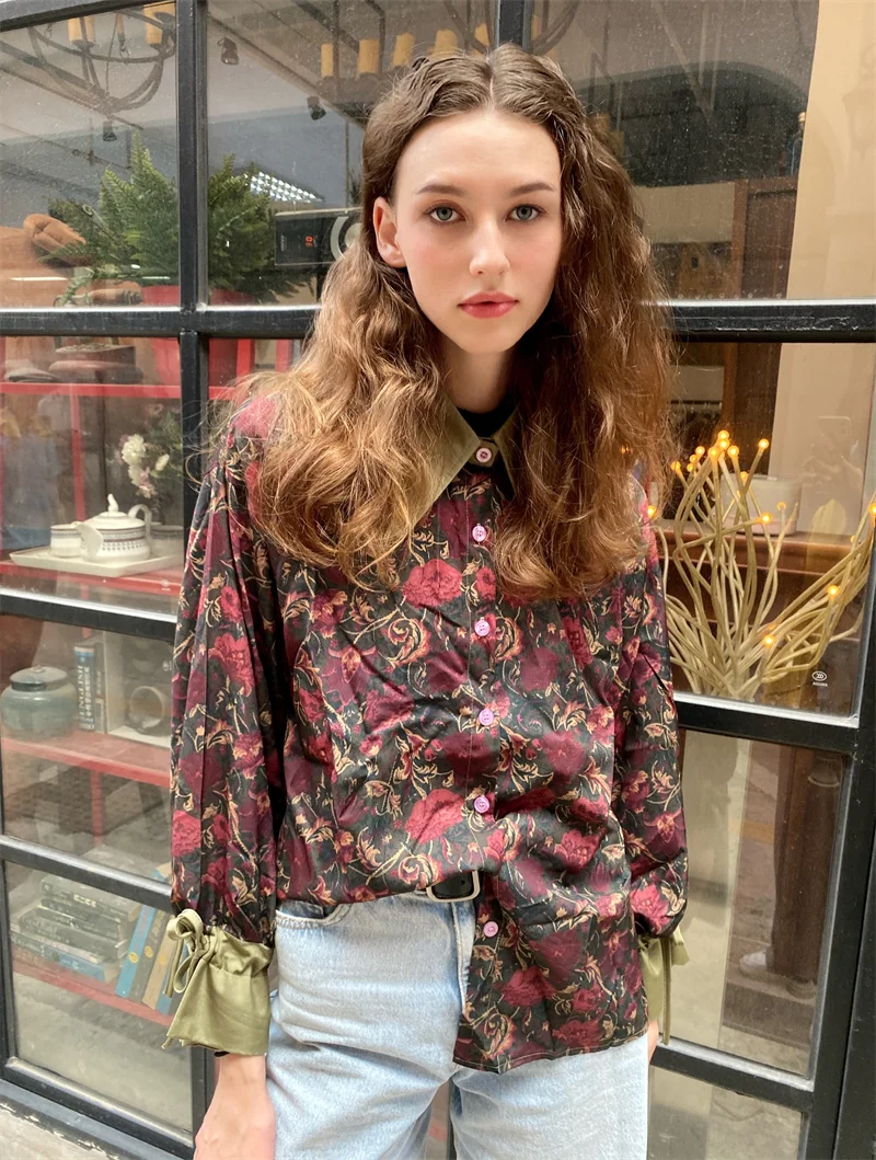 Herbst Vintage Stil Blumen Druck Lose frauen Bluse Shirt Koreanische Beiläufige Lange Hülse Damen Taste Blusen Weibliche Tops – Detail 9