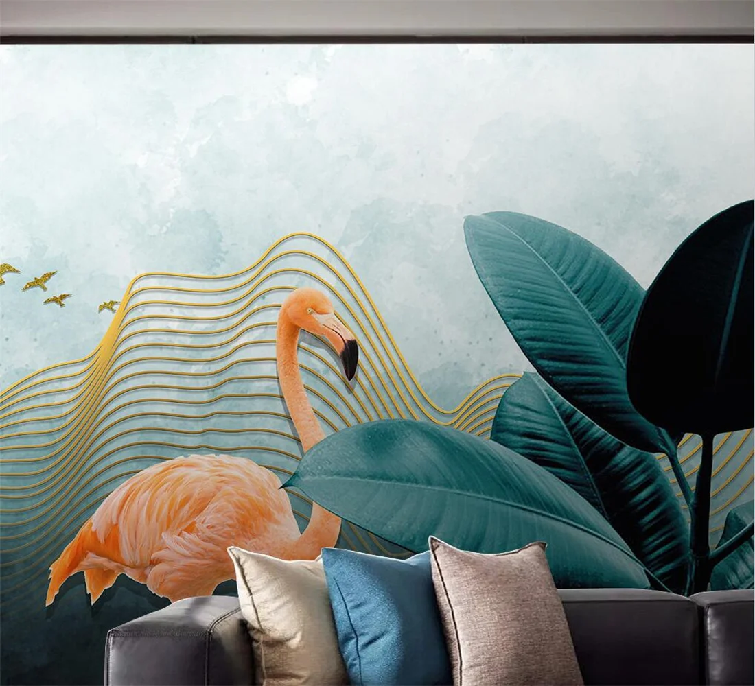 Custom home background wall decoration 3d wallpaper Abstract golden line landscape flamingo leaf wall painting papier peint