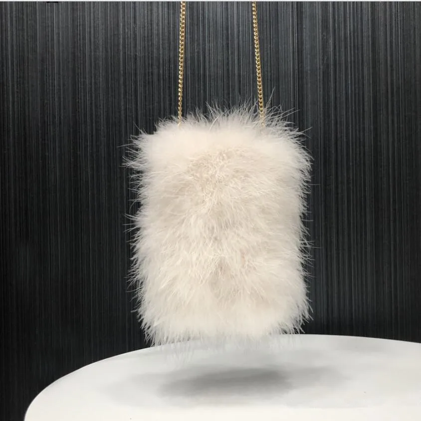 Womens Luxury Real Ostrich Feather Bag Purse Coin Bag Evening Fluffy White Crossbody Bag