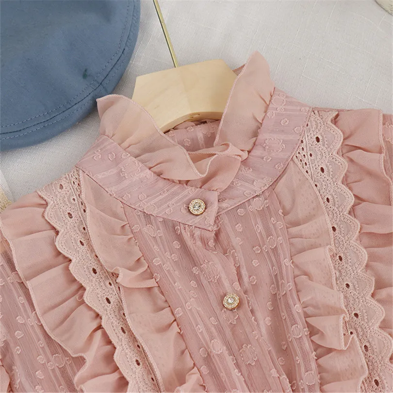 2021 New Spring Autumn Sweet Laciness Lace Shirt Women Hollow Out Chiffon Blouse Ladies Button Lantern Sleeve Blouses Tops A2103