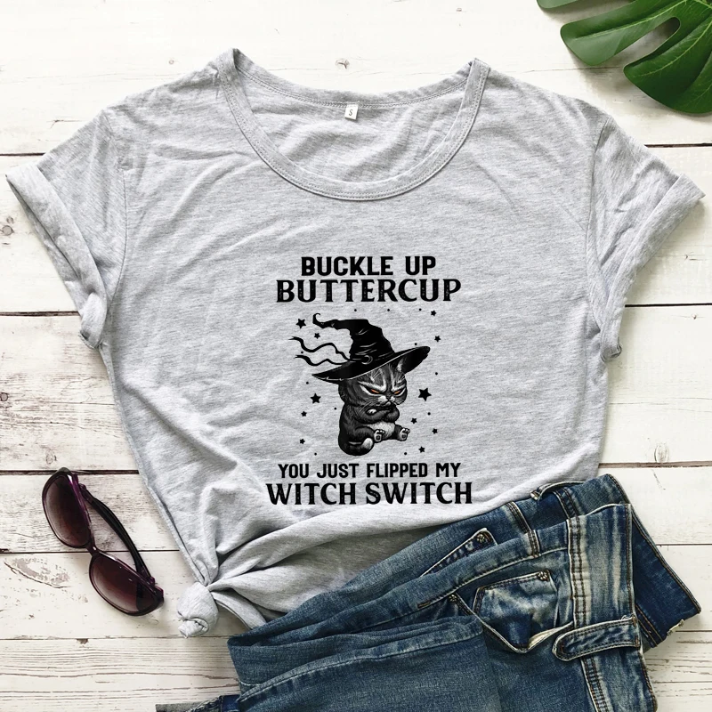 You Just Plipped My Witch Switch Colored T-shirt Cute Women Halloween Party Tshirt Funny Witch Cat Graphic Tee Shirt Top